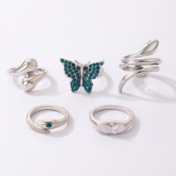 **OONA* 5-Pc Silver Snake x Butterfly Ring Set - Picture 5 of 7